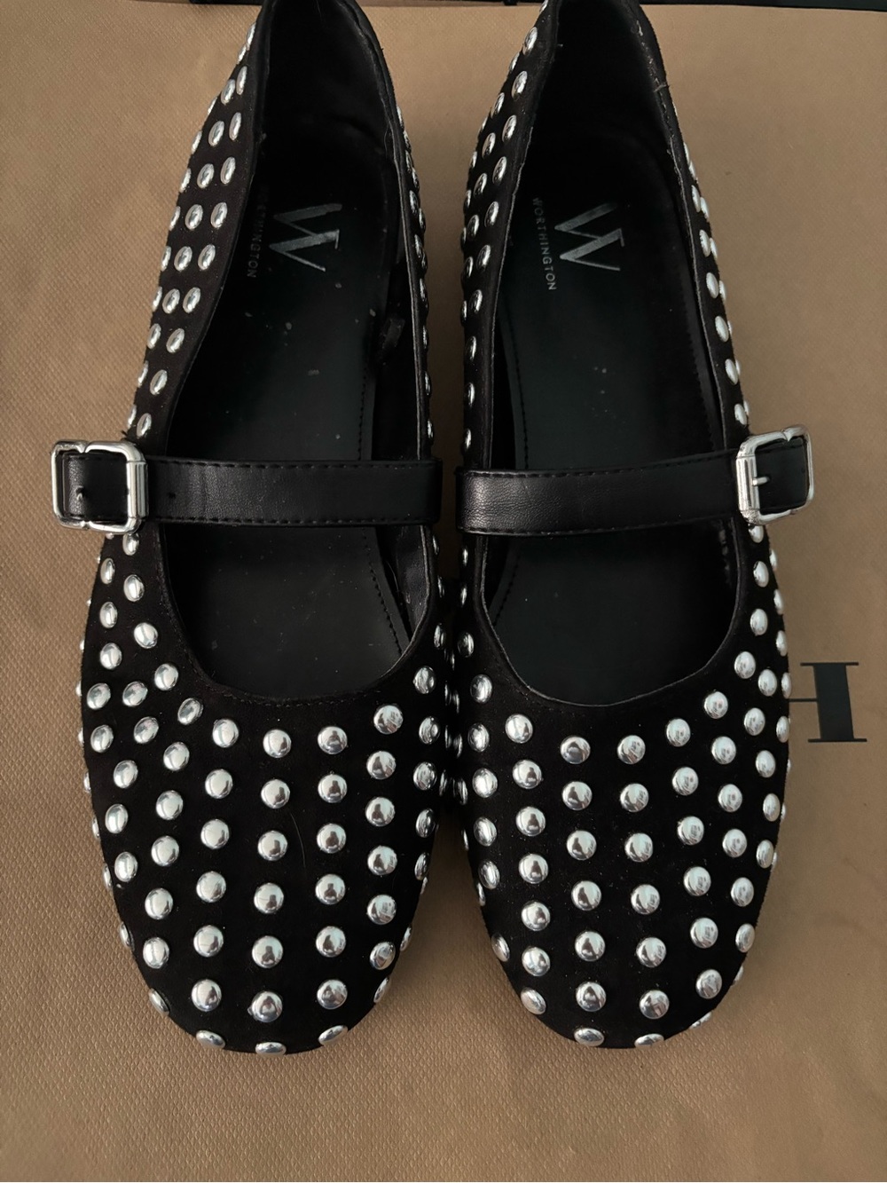 Worthington Black Mary Jane Flats with Silver Stud Detailing